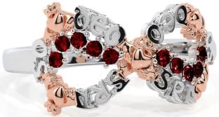 Garnet White Rose Gold Claddagh Infinity Irish "Love Forever" Ring