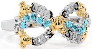Aquamarine White Yellow Gold Claddagh Infinity Irish "Love Forever" Ring
