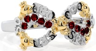 Garnet White Yellow Gold Claddagh Infinity Irish "Love Forever" Ring