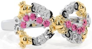 Pink Tourmaline White Yellow Gold Claddagh Infinity Irish "Love Forever" Ring