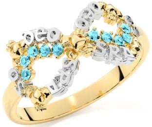 Aquamarine White Yellow Gold Claddagh Infinity Irish "Love Forever" Ring
