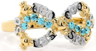 Aquamarine White Yellow Gold Claddagh Infinity Irish "Love Forever" Ring