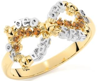 Citrine White Yellow Gold Claddagh Infinity Irish "Love Forever" Ring