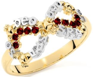 Garnet White Yellow Gold Claddagh Infinity Irish "Love Forever" Ring