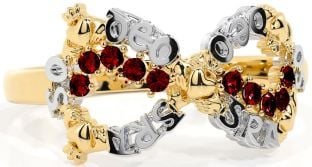 Garnet White Yellow Gold Claddagh Infinity Irish "Love Forever" Ring