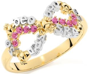 Pink Tourmaline White Yellow Gold Claddagh Infinity Irish "Love Forever" Ring