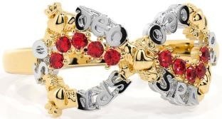 Ruby White Yellow Gold Claddagh Infinity Irish "Love Forever" Ring