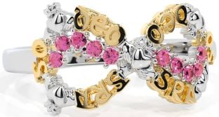 "Love Forever" Pink Tourmaline Gold Silver Infinity Irish Claddagh Ring