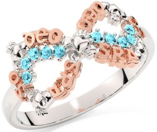 Aquamarine White Rose Gold Claddagh Infinity Irish "Love Forever" Ring
