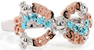 Aquamarine White Rose Gold Claddagh Infinity Irish "Love Forever" Ring