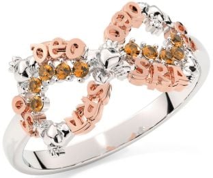 Citrine White Rose Gold Claddagh Infinity Irish "Love Forever" Ring