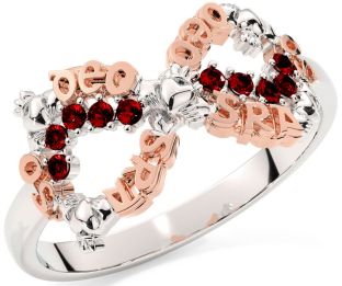 Garnet White Rose Gold Claddagh Infinity Irish "Love Forever" Ring