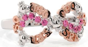 Pink Tourmaline White Rose Gold Claddagh Infinity Irish "Love Forever" Ring