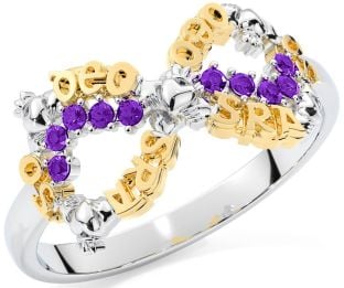 Amethyst White Yellow Gold Claddagh Infinity Irish "Love Forever" Ring