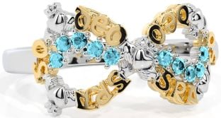 Aquamarine White Yellow Gold Claddagh Infinity Irish "Love Forever" Ring