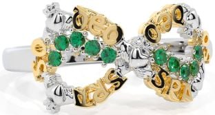 Emerald White Yellow Gold Claddagh Infinity Irish "Love Forever" Ring