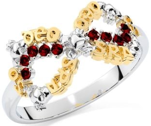 Garnet White Yellow Gold Claddagh Infinity Irish "Love Forever" Ring