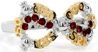 Garnet White Yellow Gold Claddagh Infinity Irish "Love Forever" Ring