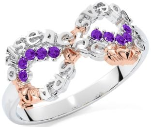 Amethyst Rose Gold Silver Claddagh Infinity Irish "Love, Loyalty, & Friendship" Ring
