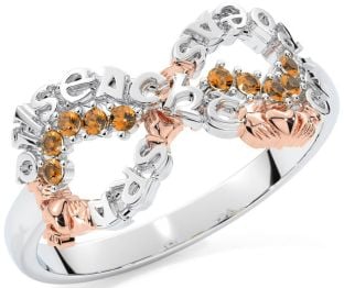 Citrine Rose Gold Silver Claddagh Infinity Irish "Love, Loyalty, & Friendship" Ring