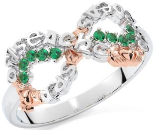 Emerald Rose Gold Silver Claddagh Infinity Irish "Love, Loyalty, & Friendship" Ring