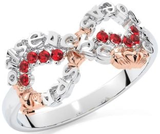 Ruby Rose Gold Silver Claddagh Infinity Irish "Love, Loyalty, & Friendship" Ring