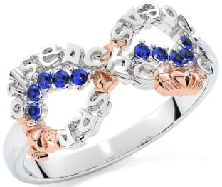 Sapphire Rose Gold Silver Claddagh Infinity Irish "Love, Loyalty, & Friendship" Ring