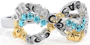 Aquamarine Gold Silver Claddagh Infinity Irish "Love, Loyalty, & Friendship" Ring