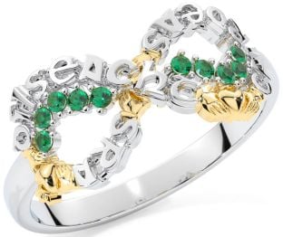 Emerald Gold Silver Claddagh Infinity Irish "Love, Loyalty, & Friendship" Ring