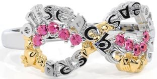 Pink Tourmaline Gold Silver Claddagh Infinity Irish "Love, Loyalty, & Friendship" Ring