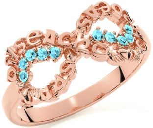 Aquamarine Rose Gold Silver Claddagh Infinity Irish "Love, Loyalty, & Friendship" Ring