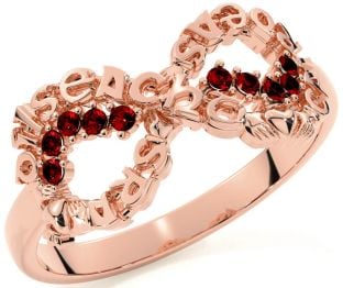 Garnet Rose Gold Silver Claddagh Infinity Irish "Love, Loyalty, & Friendship" Ring