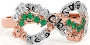 Emerald Rose Gold Silver Claddagh Infinity Irish "Love, Loyalty, & Friendship" Ring