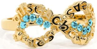 Aquamarine Gold Silver Claddagh Infinity Irish "Love, Loyalty, & Friendship" Ring