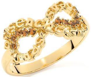 Citrine Gold Silver Claddagh Infinity Irish "Love, Loyalty, & Friendship" Ring