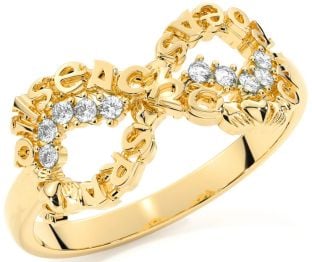 Diamond Gold Silver Claddagh Infinity Irish "Love, Loyalty, & Friendship" Ring