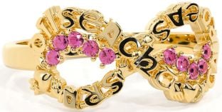 Pink Tourmaline Gold Silver Claddagh Infinity Irish "Love, Loyalty, & Friendship" Ring