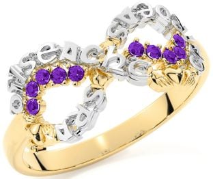 Amethyst Gold Silver Claddagh Infinity Irish "Love, Loyalty, & Friendship" Ring