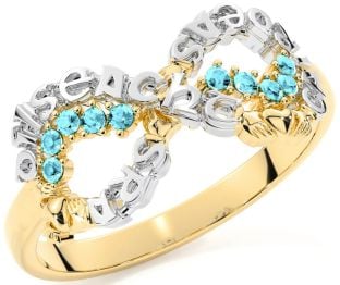 Aquamarine Gold Silver Claddagh Infinity Irish "Love, Loyalty, & Friendship" Ring