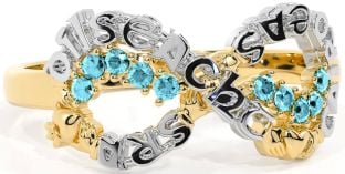 Aquamarine Gold Silver Claddagh Infinity Irish "Love, Loyalty, & Friendship" Ring
