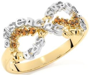 Citrine Gold Silver Claddagh Infinity Irish "Love, Loyalty, & Friendship" Ring
