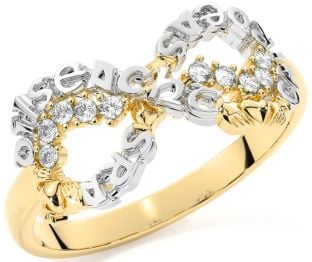 Diamond Gold Silver Claddagh Infinity Irish "Love, Loyalty, & Friendship" Ring