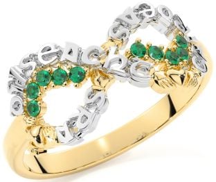 Emerald Gold Silver Claddagh Infinity Irish "Love, Loyalty, & Friendship" Ring