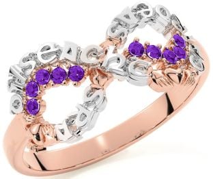 Amethyst White Rose Gold Claddagh Infinity Irish "Love, Loyalty, & Friendship" Ring