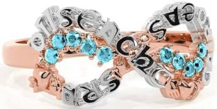 Aquamarine White Rose Gold Claddagh Infinity Irish "Love, Loyalty, & Friendship" Ring