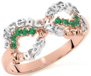 Emerald White Rose Gold Claddagh Infinity Irish "Love, Loyalty, & Friendship" Ring