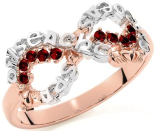 Garnet White Rose Gold Claddagh Infinity Irish "Love, Loyalty, & Friendship" Ring