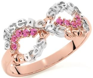 Pink Tourmaline White Rose Gold Claddagh Infinity Irish "Love, Loyalty, & Friendship" Ring