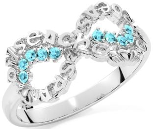 Aquamarine Silver Claddagh Infinity Irish "Love, Loyalty, & Friendship" Ring