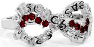Garnet White Gold Claddagh Infinity Irish "Love, Loyalty, & Friendship" Ring